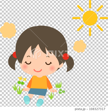 原っぱに座り日射しを浴びる女の子、日光浴 108327317