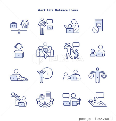 ワークライフバランス・働き方改革に関するアイコンイラストのセット ワークライフバランス・働き方改革に関するアイコンイラストのセット 108328011