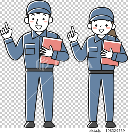 ファイルを抱え指をさす作業服の男性と女性 108329389