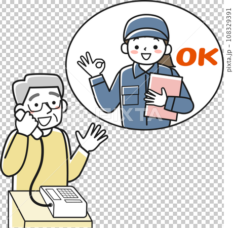 電話するシニア男性とOKサインで応える作業服の女性 電話するシニア男性とOKサインで応える作業服の女性 108329391