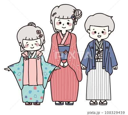 和服姿の女の子と男の子のイラスト 108329439