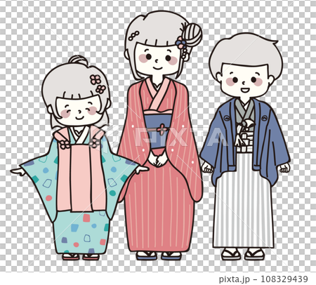 和服姿の女の子と男の子のイラスト 108329439