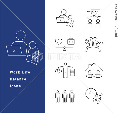 ワークライフバランス・働き方改革に関するアイコンイラスト(線画)のセット ワークライフバランス・働き方改革に関するアイコンイラスト(線画)のセット 108329453