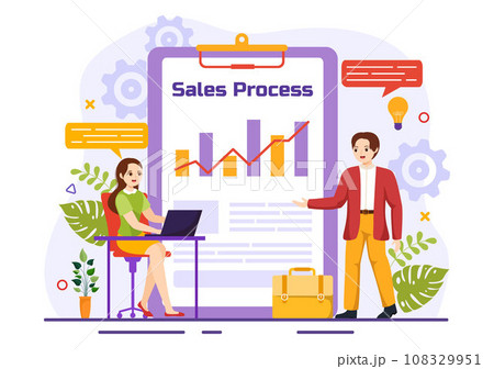 Sales Process Vector Illustration with Steps of Communication for Attracting New Customers and Making profit in Business Strategy Flat Background 108329951
