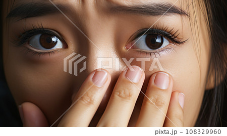 顔に手を当てて困惑する女性の目元「AI生成画像」 108329960
