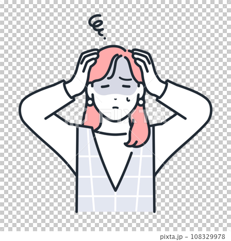A simple vector illustration of a stylish young woman holding her head and worrying. A simple vector illustration of a stylish young woman holding her head and worrying. 108329978