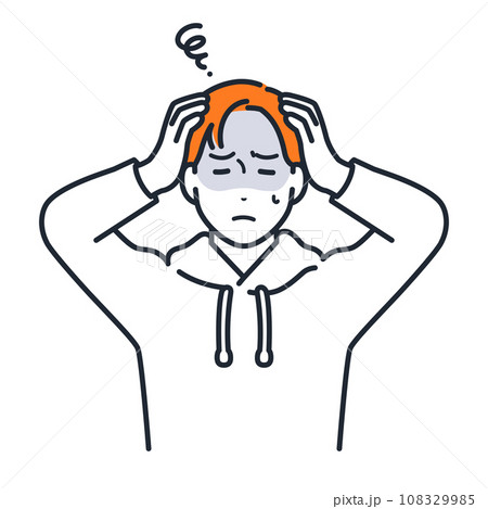 頭を抱えて悩むパーカーを着た若い男性のシンプルなベクターイラスト素材 108329985