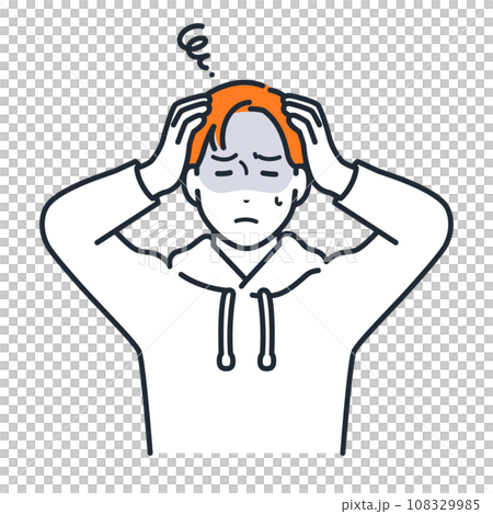 頭を抱えて悩むパーカーを着た若い男性のシンプルなベクターイラスト素材 108329985