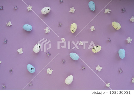 Happy easter concept. Easter eggs Composition background made of beautiful spring pink and white lilac flowers. Backdrop Mockup card invitation greeting card postcard copy space template blank Happy easter concept. Easter eggs Composition background made of beautiful spring pink and white lilac flowers. Backdrop Mockup card invitation greeting card postcard copy space template blank 108330051