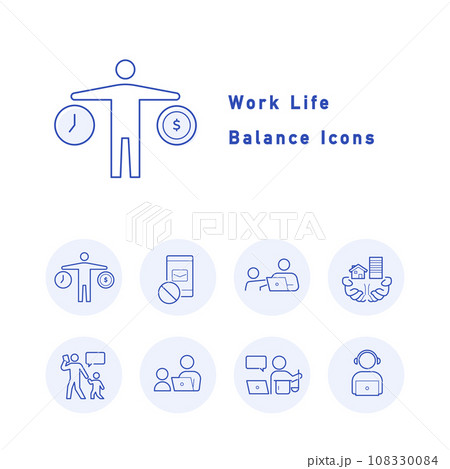 ワークライフバランス・働き方改革に関するアイコンイラスト（円形・カラー）のセット 108330084
