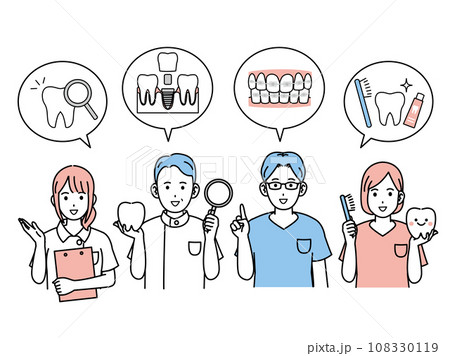 説明する歯医者、歯科衛生士のイラスト 108330119