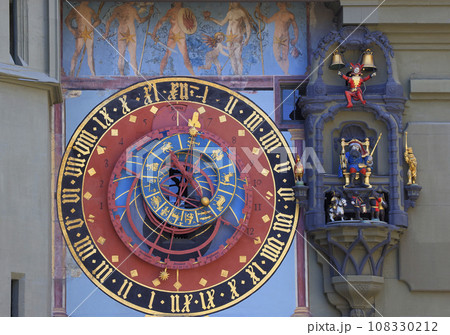 Astronomical clock on the medieval Zytglogge clock tower in Kramgasse street in old city center of Bern, Switzerland 108330212