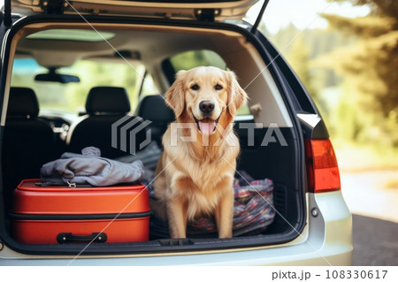 Dog sitting in car trunk waiting for owner to return with ears perked up listening for sign 108330617
