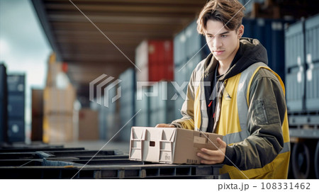 港のカーゴで荷物の整理をして働く男性　man working for shipping AI生成画像 108331462