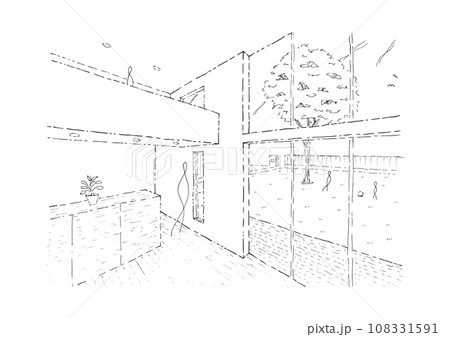 吹き抜けのリビングから庭を眺める想像上の手描きインテリアパース 吹き抜けのリビングから庭を眺める想像上の手描きインテリアパース 108331591