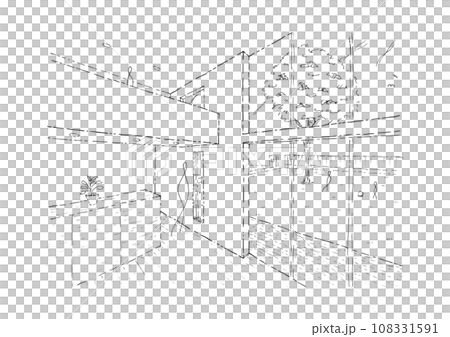 吹き抜けのリビングから庭を眺める想像上の手描きインテリアパース 吹き抜けのリビングから庭を眺める想像上の手描きインテリアパース 108331591