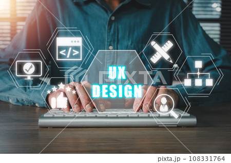 UX design concept, Person hand typing on keyboad computer with UX design icon on virtual screen. 108331764