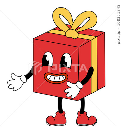 Retro 70s 60s 80s Hippie Groovy Christmas Gift Box Character. Vector flat illustration. 108331845