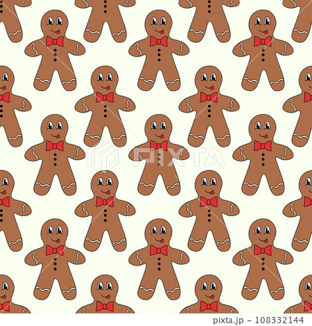 Retro 70s 60s 80s Hippie Groovy Christmas Winter Pattern with Gingerbread Cookie Man. Vector flat illustration. 108332144