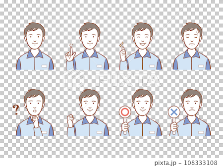 一個穿著制服、臉部表情變化集的工人的插圖 108333108