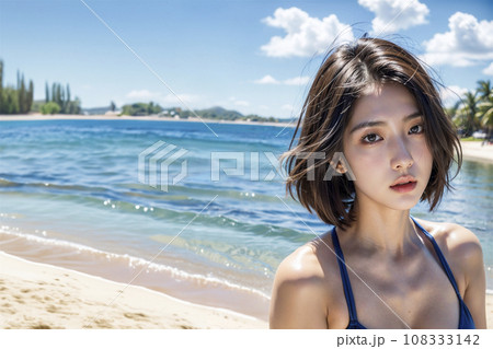 波打ち際で水着姿の女性のグラビア撮影（AI生成画像） 108333142