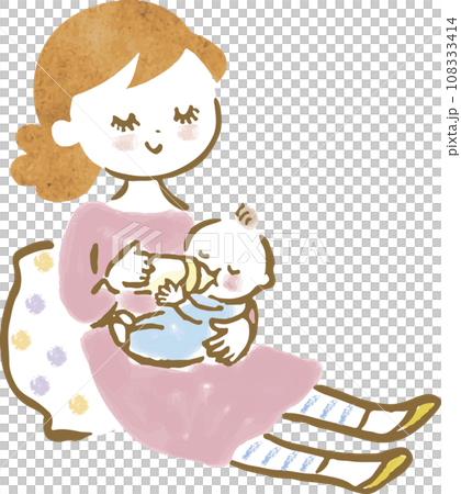 赤ちゃんにミルクをあげている若いお母さんのイラスト 108333414