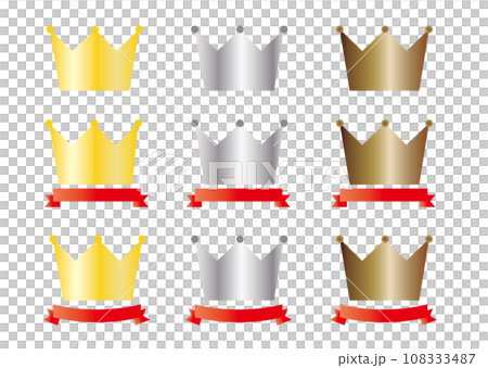 Set of gold silver bronze crown and red ribbon Set of gold silver bronze crown and red ribbon 108333487