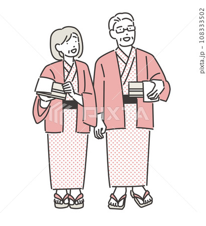 温泉に行く浴衣のシニア夫婦のベクターイラスト素材／旅館 108333502