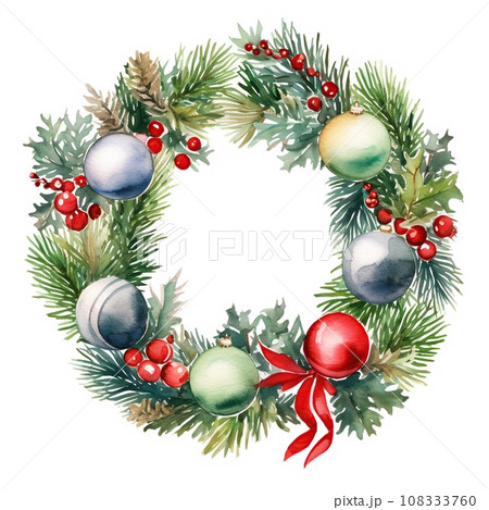 Christmas wreath of red and silver balls and spruce branches. Watercolor illustration Christmas wreath of red and silver balls and spruce branches. Watercolor illustration 108333760