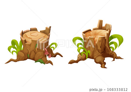 Wooden stump forest tree trunk with roots, grass and moss, cut section in cartoon style isolated. Plant detailed.  Wooden stump forest tree trunk with roots, grass and moss, cut section in cartoon style isolated. Plant detailed.  108333812