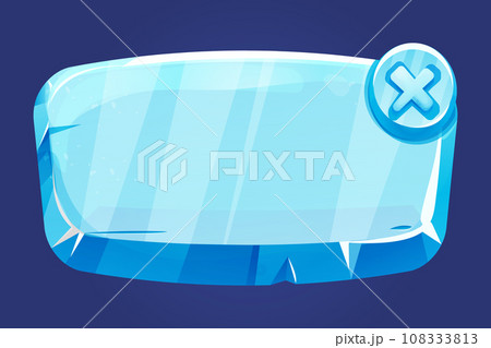 Ice button, frozen frame, level menu in cartoon style isolated on white background. Glass shiny panel, game ui element.  Ice button, frozen frame, level menu in cartoon style isolated on white background. Glass shiny panel, game ui element.  108333813