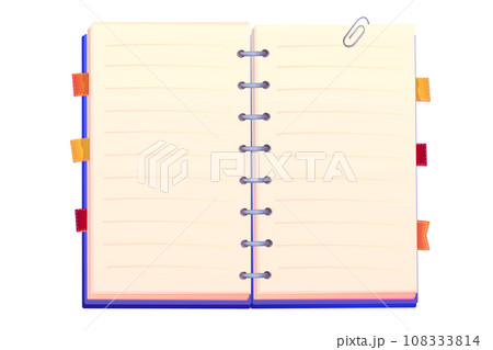 Diary, note book in cartoon style top view isolated on white background. Book with bookmarks and spiral, daily planner. Diary, note book in cartoon style top view isolated on white background. Book with bookmarks and spiral, daily planner. 108333814