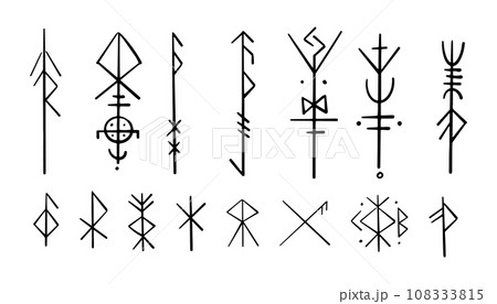 Nordic celtic runes, set norse protection symbols in doodle style, amulet, witchcraft signs on white background. 108333815