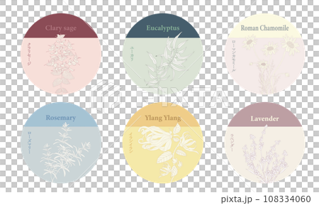 ハーブのラベル・草花・ローズマリー・ラベンダー・ユーカリ・クラリセージ・イランイラン・カモミール 108334060