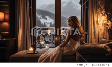 Young woman in a luxurious room with panoramic 108334073