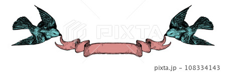 鳥とアンティーク調のリボンフレーム 鳥とアンティーク調のリボンフレーム 108334143