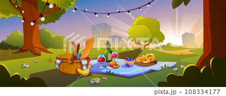 Sunset park with picnic basket cartoon background 108334177