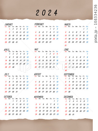 2024年の日本の年間カレンダー　アンティークな古紙 108334236