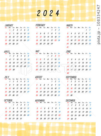 2024年の日本の年間カレンダー　水彩チェック柄 108334247