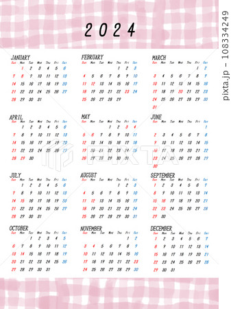 2024年の日本の年間カレンダー　水彩チェック柄 108334249