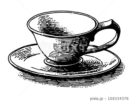 アンティーク調ペン画小花の絵付きカップ＆ソーサー 108334376