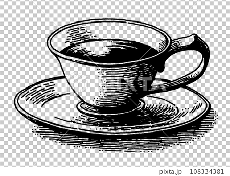Antique pen drawing cup and saucer with tea 108334381