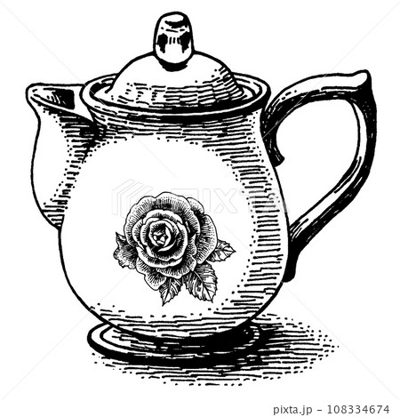 アンティーク調ペン画バラの絵付きミルクピッチャー 108334674