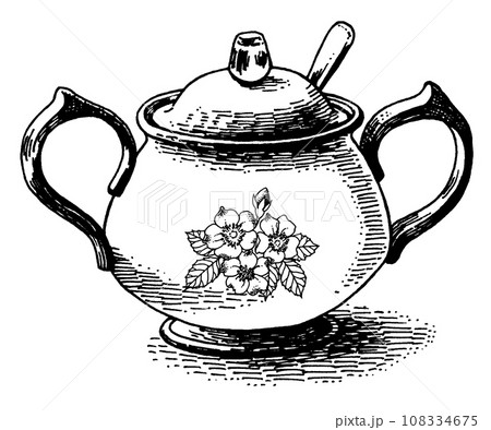 アンティーク調ペン画小花の絵付きシュガーポット 108334675