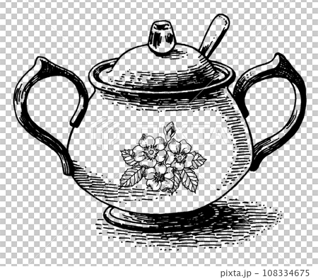 アンティーク調ペン画小花の絵付きシュガーポット 108334675