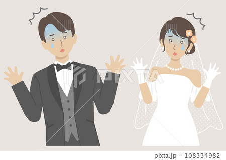 結婚式イラスト、両手を広げて驚愕して悲しむ新郎新婦 108334982
