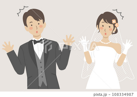 結婚式イラスト、ウェディング、両手を広げて驚く新郎新婦 108334987