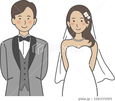 結婚式イラスト、後ろで腕を組む新郎新婦 108335005