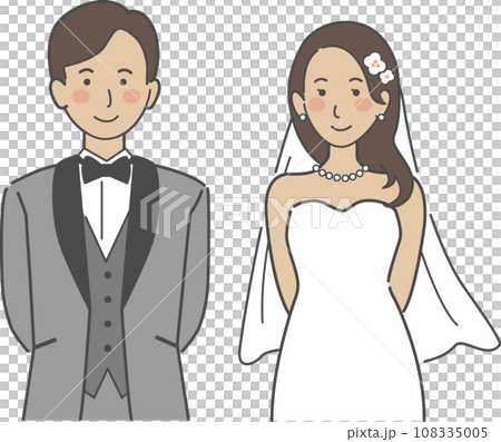 結婚式イラスト、後ろで腕を組む新郎新婦 108335005