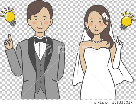 結婚式イラスト、電球、アイデアを思いつく、ひらめく新郎新婦 108335017